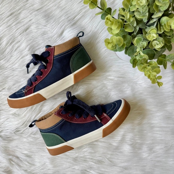 Old Navy Kids Colorblock Canvas High-Top Sneakers Navy Burgundy Tan Size 4 - Picture 1 of 10